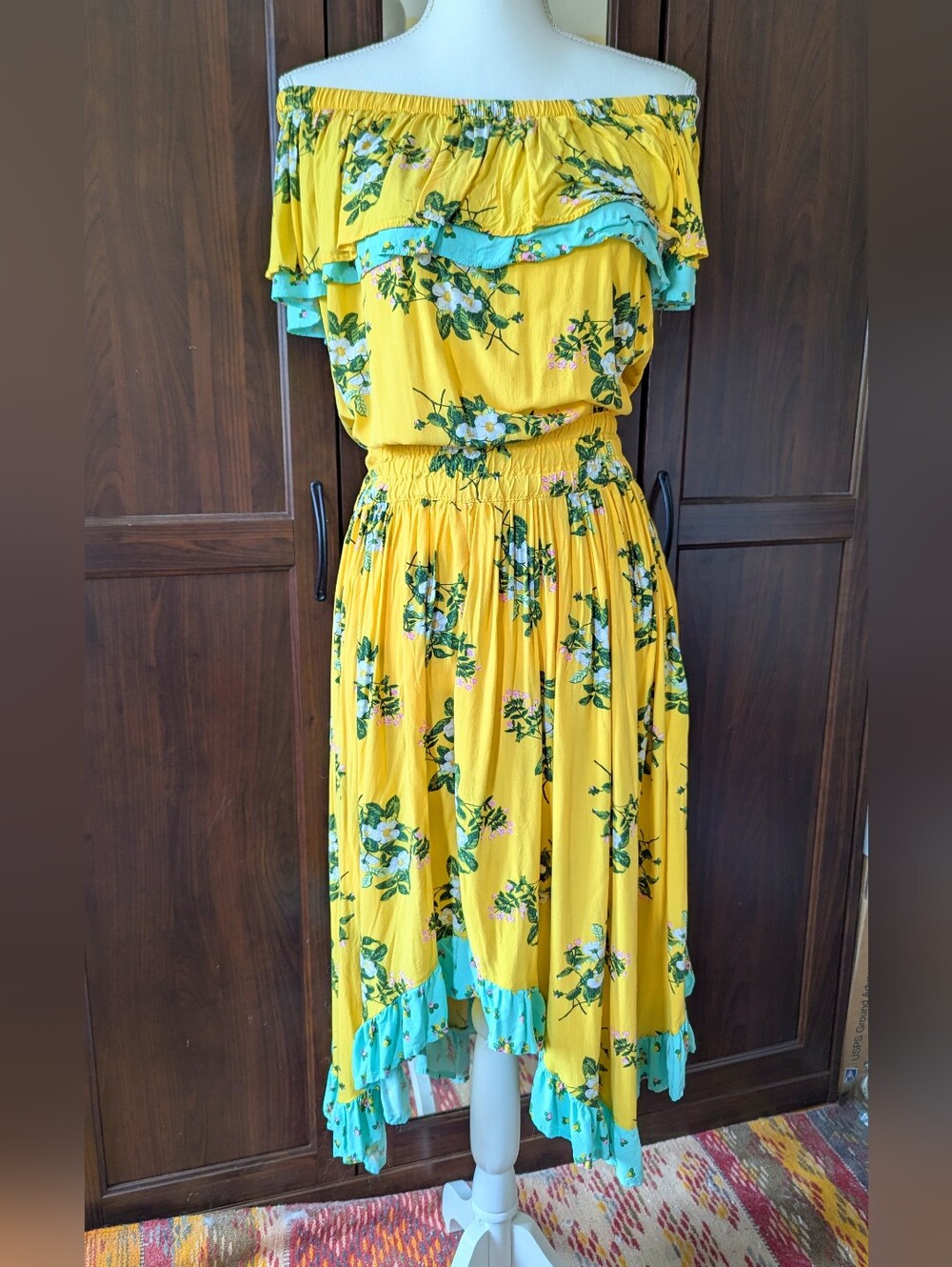 Midi Summer Dress Floral Yellow Turquoise Off The Shoulder Ruffle Trim Large